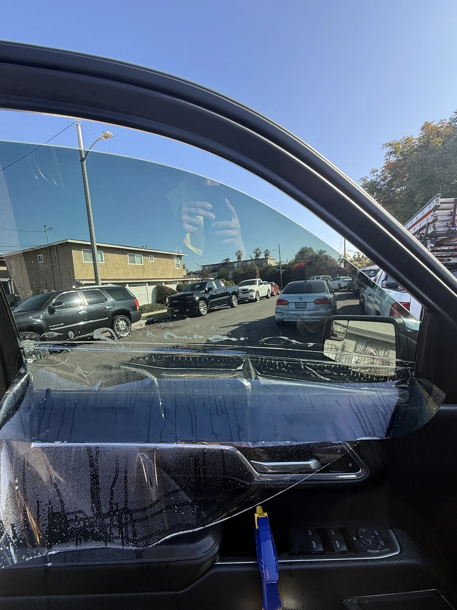 Tint film installed on a truck window at Colombian Tint LA